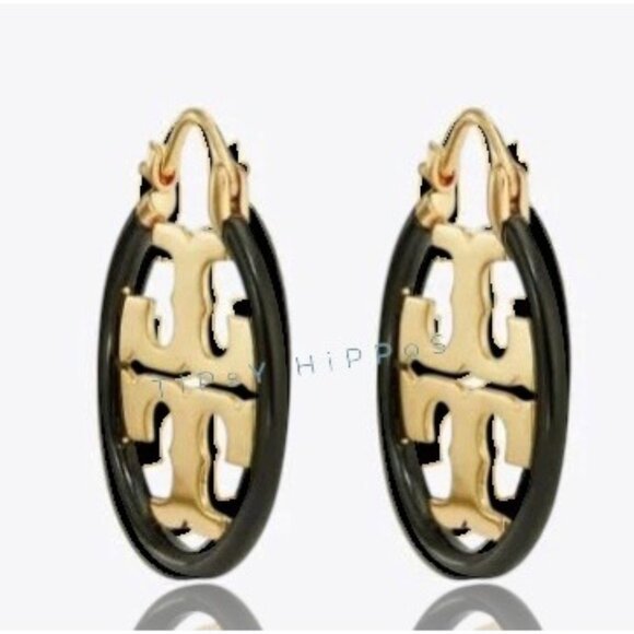 Tory Burch Black Enamel and Gold Miller Logo Hoop Earrings - Picture 1 of 3